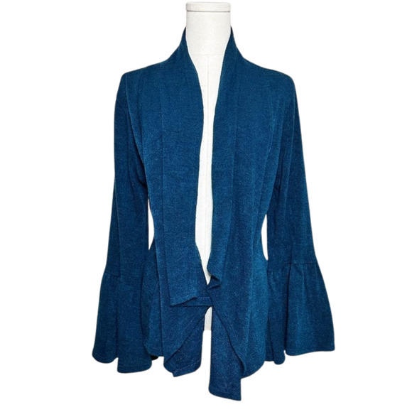 Voll Teal Turquoise Bell Sleeve Waterfall Cardigan Large Bohemian - Picture 1 of 6